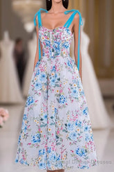 Blue and White Floral Bow Tie Straps A-line Tea-Length Semi Formal Prom Dress